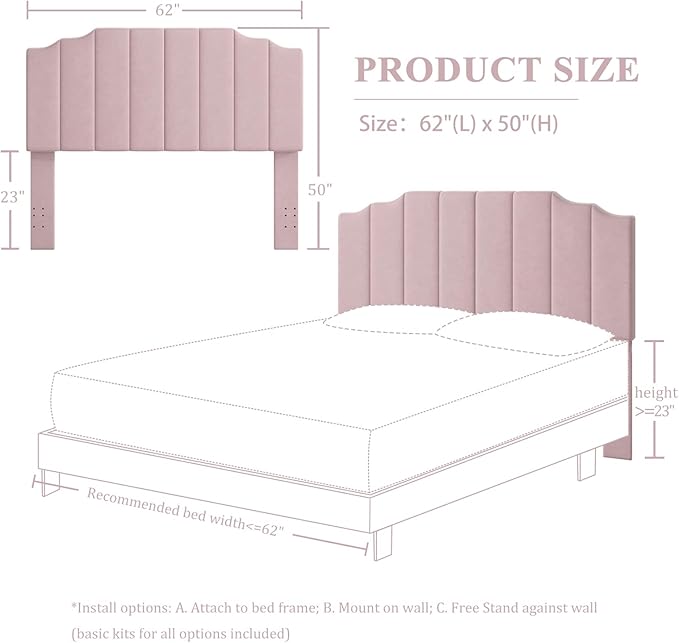 Befurtori Queen Size Headboard Only, Velvet Wall Mounted Headboard Queen/Full Size for Adjustable Bed, Modern Vertical Channel Design with Curved Tufted Upholstered Head Board, Pink