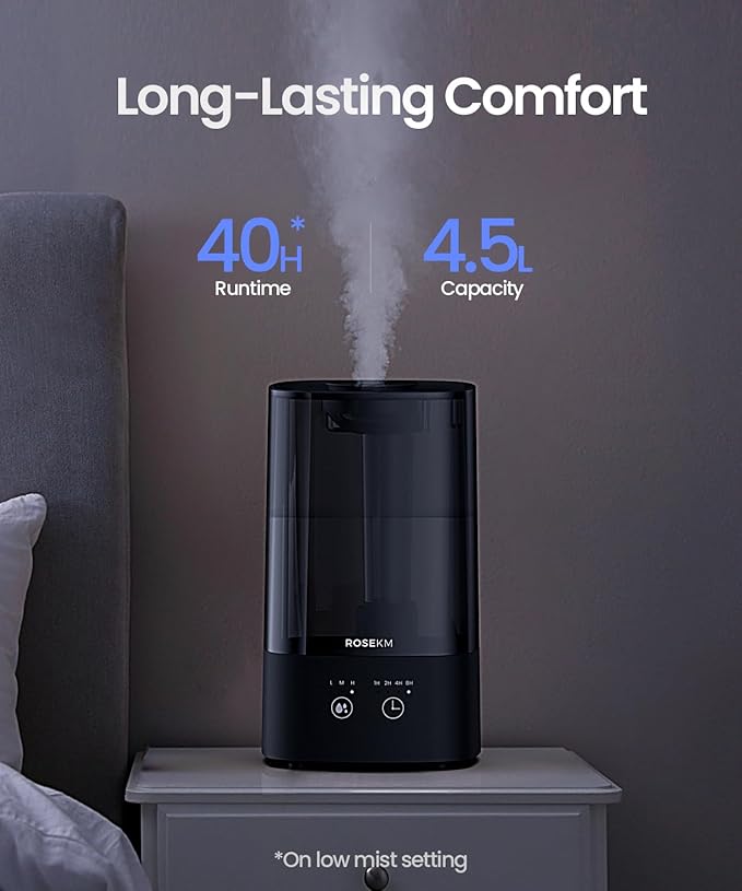 ROSEKM 4.5L Humidifiers for Bedroom, Humidifiers for Home Large Room, Cool Mist Humidfiers for Baby and Plant with Timer, Adjustable Mist Level, 360° Nozzle, Auto Shut-Off, Black