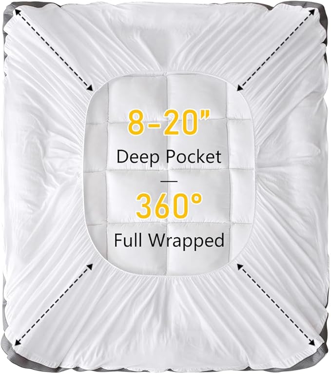 Ultimate Comfort & Cooling,Front:100% Cotton,Skirt:100% Polyester,ThickQueen Mattress Topper-Luxurious Softness,for Back Pain,Revolutionary Cooling Technology,No Slip Design,Deep Sleep Mattress Pad