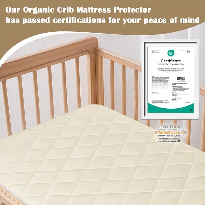 Organic Crib Mattress Protector - Top&Side Waterproof, 100% Waterproof Crib Mattress Protector, Breathable Cotton Toddler Mattress Protector, Baby Crib Mattress Cover Fitted 52x28x9 in