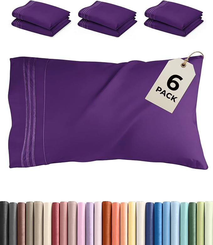 King Pillow Cases Set of 6 - Ultra Soft Hotel Quality Pillowcase Covers - Comfy & Wrinkle Free - Shrink, Stain and Fade Resistant - Easy-Care, Machine Washable Pillow Protectors - 6 Piece Set - Purple