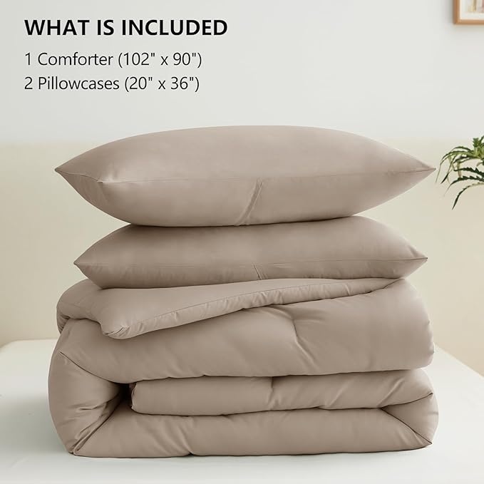 CozyLux King Size Comforter Set Khaki, 3 Pieces Solid Comforters King Size Breathable Quilted Bedding Sets, Luxury Soft Lightweight Bed Set with Down Alternative Comforter and 2 Pillowcases All Season
