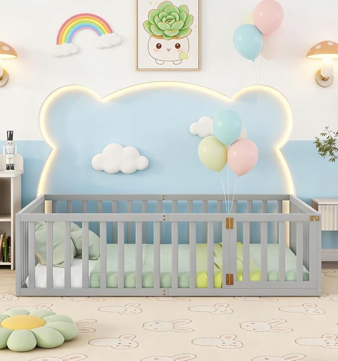 Bellemave Queen Size Montessori Floor Bed with 21.7" High Rails, Pine,Plywood Floor Bed with Small Door, Gray