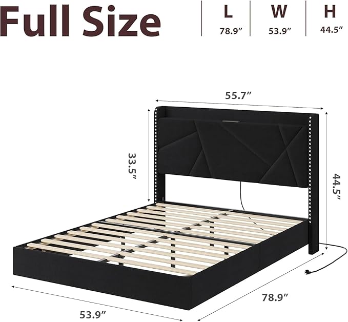 Garvee Full Size Floating Bed Frame with RGB LED Lights and Charging Station, Upholstered Platform Bed with Storage Headboard and Button Tufted Design, No Box Spring Needed, Black