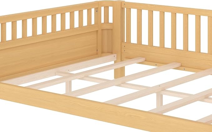 Bellemave Full Size Montessori Bed with Fence and Slats, Full Size Low Platform Bed Frame with Detachable Side Bed Rails and Rounded Corner Design, Easy Assemble Montessori Bed Natural