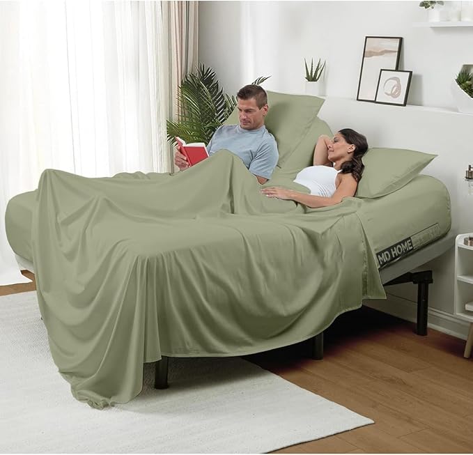 4 Piece Split Head Flex Sheet Set, 34" Top Split King Sheets for Adjustable Beds, 100% Egyptian Cotton, 16 Inch Deep Pocket, Soft Durable Breathable Sheets, Sage Solid, Ideal for Adjustable Beds