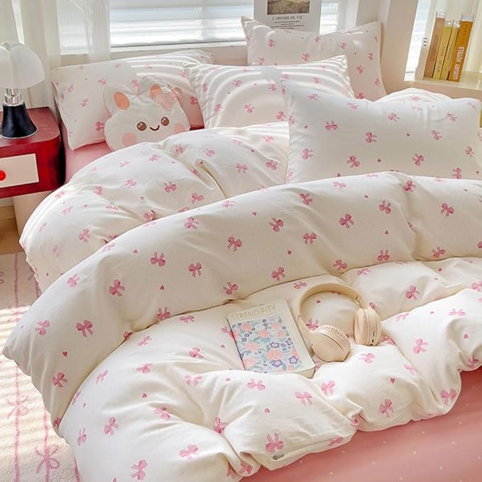 Nayoroom Pink Bow Duvet Cover Twin Size Heart Bows Printed Coquette Bedding Set 2 Pcs Kids Girls Cute Comforter Cover with Zipper Closure Soft Breathable Microfiber
