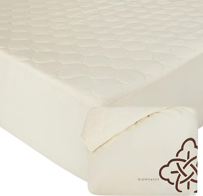 Bioweaves 100% Organic Cotton Mattress Pad Cover, GOTS Certified Cooling Quilted Fitted Mattress Topper & Protector with Soft Cotton Wadding - 20 Inch Deep Pocket, King