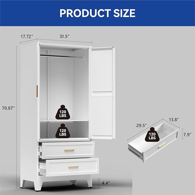 COFaR Armoire Wardrobe Closet with Drawers & Hanging Rod, 71'' Metal Wardrobe Closet with Doors & Adjustable Shelf, Farmhouse Wardrobe Cabinet for Bedroom Home Office, White