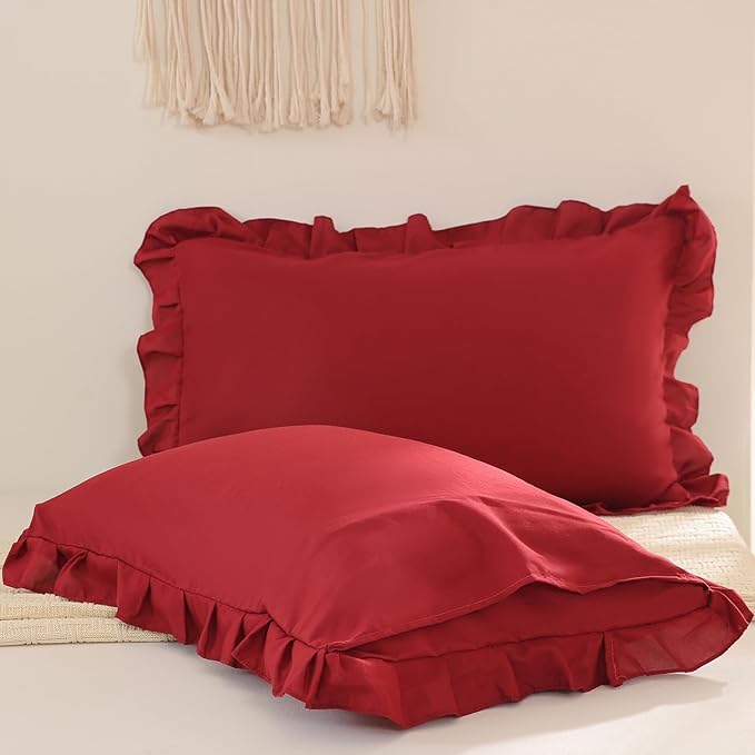 Merryword Burgundy Pillow Shams Standard Pillowcases 20x26inch Cute Ruffle Solid Pillow Cover Set of 2 Shabby Chic Soft Red Pillowcases
