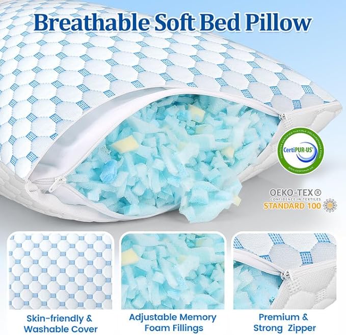 CloudBliss Cooling Bed Set of 2 Pillows for Sleeping, Shredded Memory Foam Pillows with Washable & Breathable Pillowcase, Adjustable Height Pillow for Side, Back and Stomach Sleepers, Standard Size