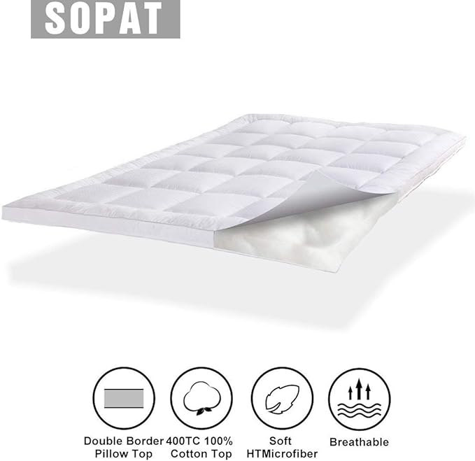 SOPAT Extra Thick Mattress Topper Twin 400TC Cotton Pillow Top Breathable Mattress Pad Protector with 8-22" Deep Pocket Soft Down Alternative Fill Mattress Cover (39x75 Inches, White)