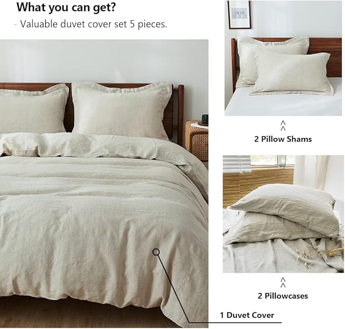 Simple&Opulence 100% Washed Linen Duvet Cover Set 5pcs(1 Duvet Cover& 2 Shams& 2 Pillowcases) Basic Style Natural French Flax Soft Breathable Farmhouse Bedding (King, Linen)