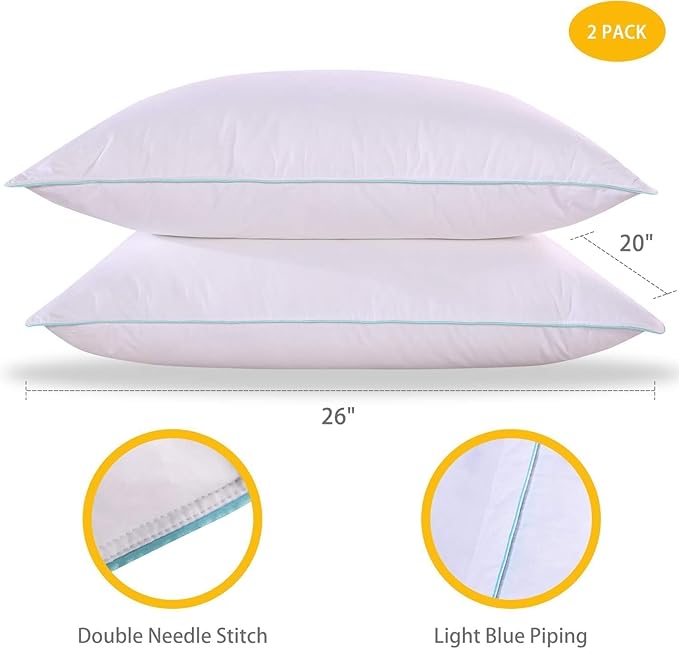 Homelike Moment Down Feather Pillows Queen - 2 Pack Feather Bed Pillows for Sleeping Queen Size Pillow Set of 2 100% Cotton Cover 20x30 Inch