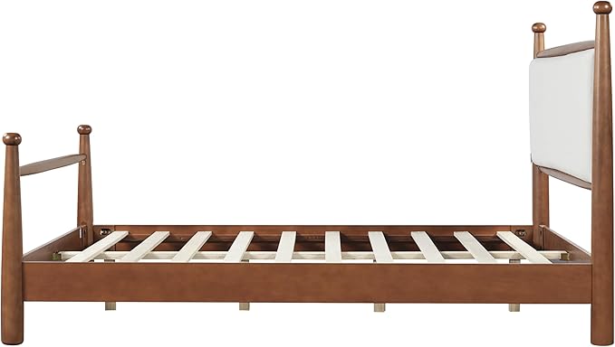 Merax Modern Queen Size Solid Wood Platform Bed with Upholstered Headboard, Mid-Century Low Bed Frame with Sturdy Wood Legs/No Box Spring Needed/Easy Assembly, Beige+Walnut