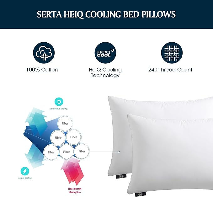 Serta 240Thread Count Soft Hypoallergenic HeiQ Cooling Bed Pillows Set of 2 Pack Feather Down Pillows for Back Sleeper