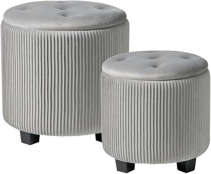 BLEXA Big Round Ottoman with Storage Set of 2,Upholstered Velvet Vanity Stool for MakeupMultifunctional Foot Rest Coffee Table Padded Seat Tufted Ottomans for LivingRoom&Bedroom (Large Grey)