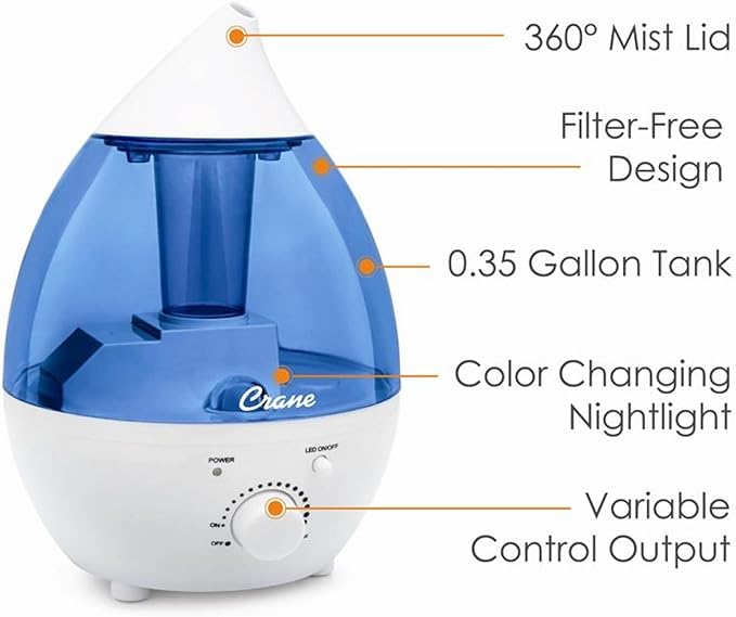 Crane Personal 1.3 Liter Ultrasonic Cool Mist Humidifier for Kids Bedroom, Small Humidifiers For Bedroom, Adjustable Mist, Filter-Free, Auto Shut-Off, Small Humidifier For Plant