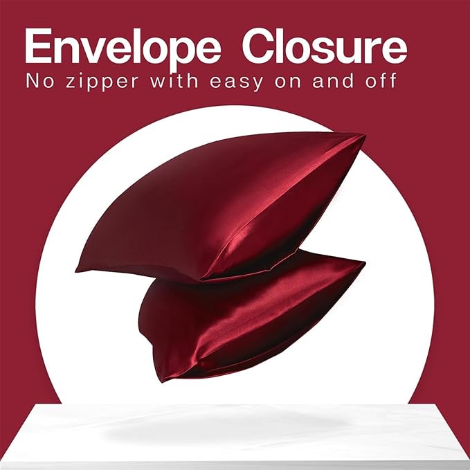 MR&HM Satin Pillowcase for Hair and Skin, Silk Satin Pillowcase 2 Pack, Queen Size Pillow Cases Set of 2, Silky Pillow Cover with Envelope Closure (20x30, Burgundy)