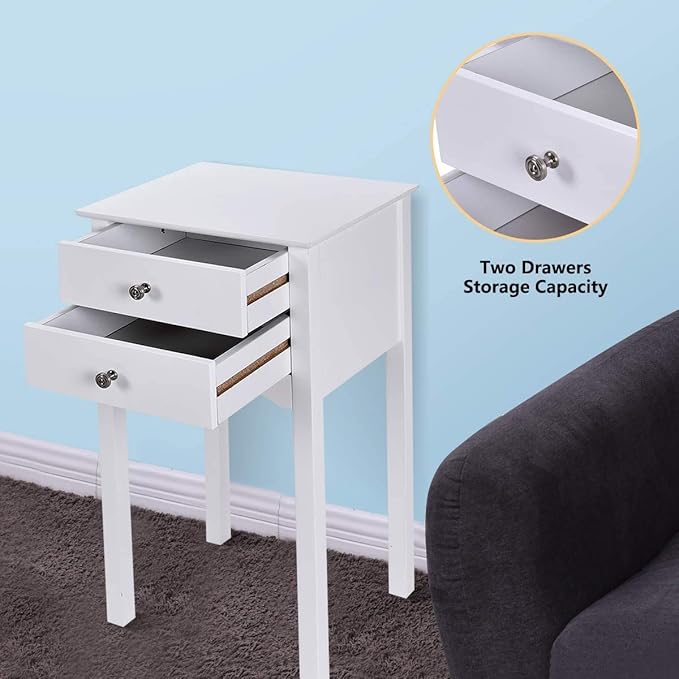ARLIME Side Table with 2 Drawers, Bedroom Nightstand, Storage Accent Table, Small Tall End Table Beside Sofa, Multi-Purpose Living Room Home Cabinet, 16.0’’ x 13.0’’ x 30.0’’ (White)