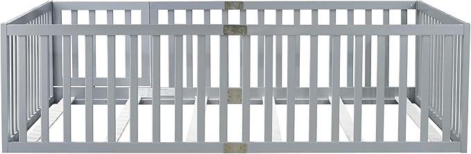 Bellemave Full Size Montessori Floor Bed with 21.5" High Rails, Rubber Wood Full Floor Bed with Slats and Door, Gray