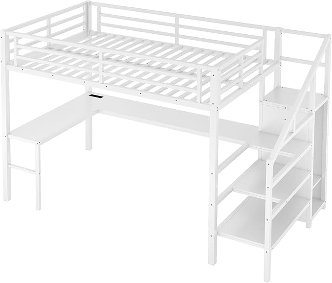 Full Size Loft Bed with Desk and Wardrobe, Metal Heavy Duty Loft Bed with Storage Stairs, LED Lights, USB Port, LoftBed Frames for Kids, Junior, Space Saving, Noise Free (White, Full)