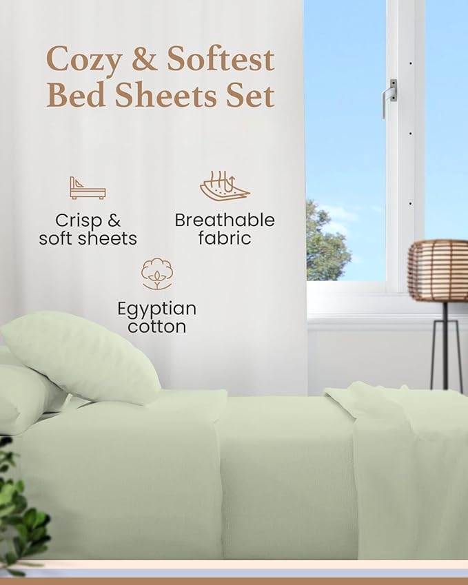 Good Sleep Bedding Twin XL Sheet - 100% Egyptian Cotton Sheets, 4 Pc, Twin XL Sheet Set, Cooling Bed Sheets, Sateen Wave, Luxury Twin XL Sheets College Dorm Fits 16" - Sage