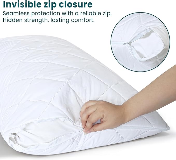 Quilted Waterproof Pillow Protectors, Standard Size Pack of 2 Zippered Pillowcases, Breathable Protective Pillow Encasement Covers 20 x 26 Inches