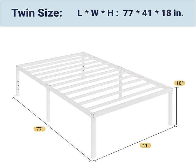 Allewie Twin Bed Frame, 18 Inch Metal Platform Beds with Storage Space, No Box Spring Needed and Easy Assembly, White