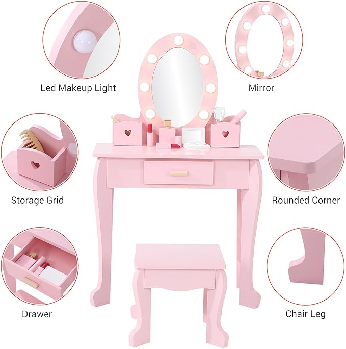 GarveeHome Kids Vanity with Lighted Mirror, Toddler Vanity Table and Chair Set, Girls Makeup Playset, Pink
