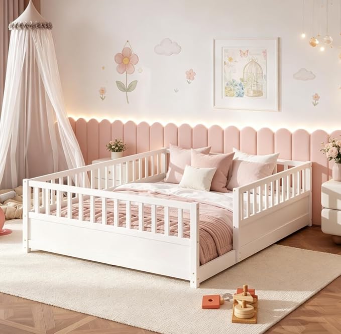 Bellemave Queen Floor Bed with high Fence, Solid Pine Wood Montessori Bed for Kids Girls Boys Floor Bed Frame, White with slats