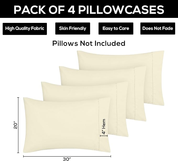 Utopia Bedding Queen Pillowcases - 4 Pack - Envelope Closure - Soft Brushed Microfiber Fabric - Shrinkage and Fade Resistant Pillow Covers Queen Size 20 X 30 Inches (Queen, Ivory)