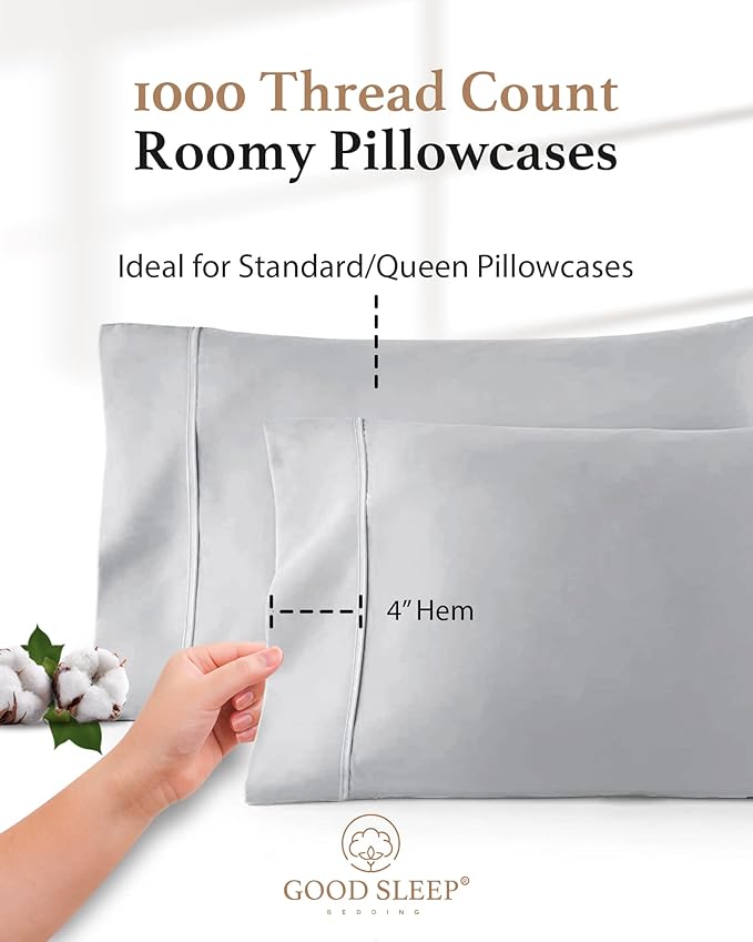 1000 TC Light Gray Standard Pillowcases Set of 2 100% Egyptian Cotton Pillow Cases with Long Staple Cotton & Sateen Weave, Silky Soft Hotel - Like Bed Pillow Covers for Comfy Sleeping, Snug Fit