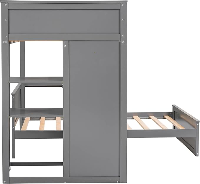 JULYFOX Twin Loft Bunk Bed with Wardrobe, Wood Bunk Bed Twin Over Twin with Tilt Ladder Study Desk Shelves 2 Bed Frames Space Saving No Box Spring Needed(Twin Over Twin,Gray)