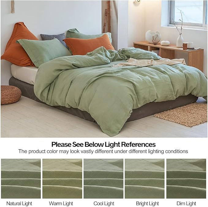 Simple&Opulence 100% Linen Duvet Cover Set 2pcs Basic Style Natural French Washed Flax Solid Color Soft Breathable Farmhouse Bedding with Button Closure - Sage Green, Twin