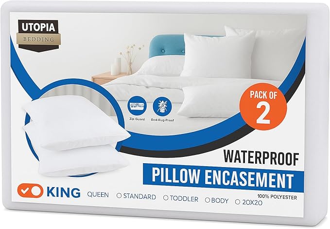 Set of 2 Pillow Protectors with Zipper King Size, Bed Bug and Dust Mite Proof Pillow Covers, Ultra Soft Pillow Encasements, Moisture Wicking and Waterproof Pillow Cases by Utopia Bedding (White)