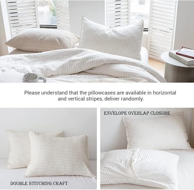 Simple&Opulence 100% Linen Duvet Cover Set 3pcs Yarn Dyed Vertical Pinstripe Ticking Pattern Natural French Washed Flax Breathable Farmhouse Bedding - Cinnamon Stripe, King Size