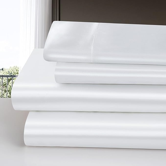 Homiest 4pcs Satin Sheets Set Luxury Silky Satin Bedding Set with Deep Pocket, 1 Fitted Sheet + 1 Flat Sheet + 2 Pillowcases (Cal King Size, White)