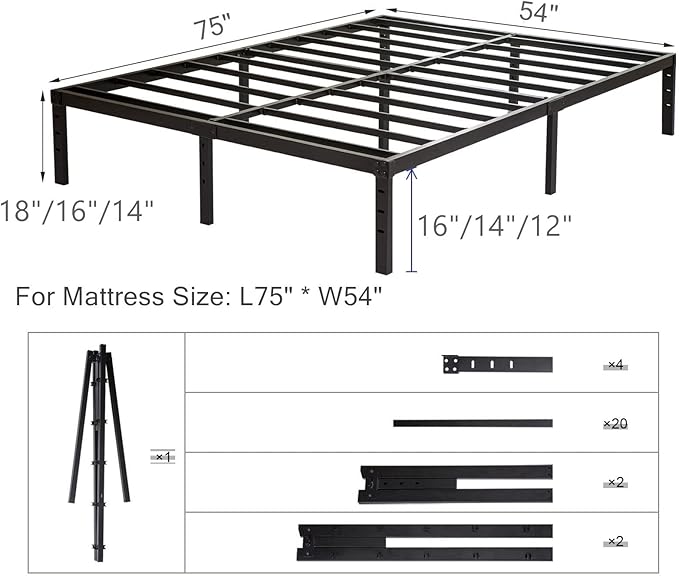 Wulanos Full Size Bed Frame, Heavy Duty Metal Frames with Steel Slats Support, No Box Spring Needed, 16 Inch High Metal Platform Bed Frames with Storage, Non-Slip and Noise-Free, Black