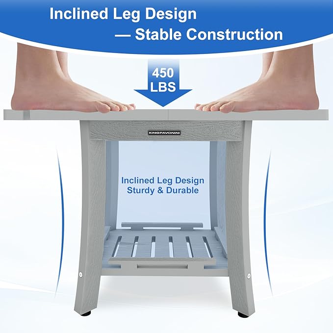 KingPavonini HDPS Shower Benches for Inside Shower to Sit on, Waterproof Shower Stool for Shaving Legs, Heavy Duty 450LBS Shower Seat with Storage Shelf, Shower Chair for Bathroom/Indoor/Outdoor Use