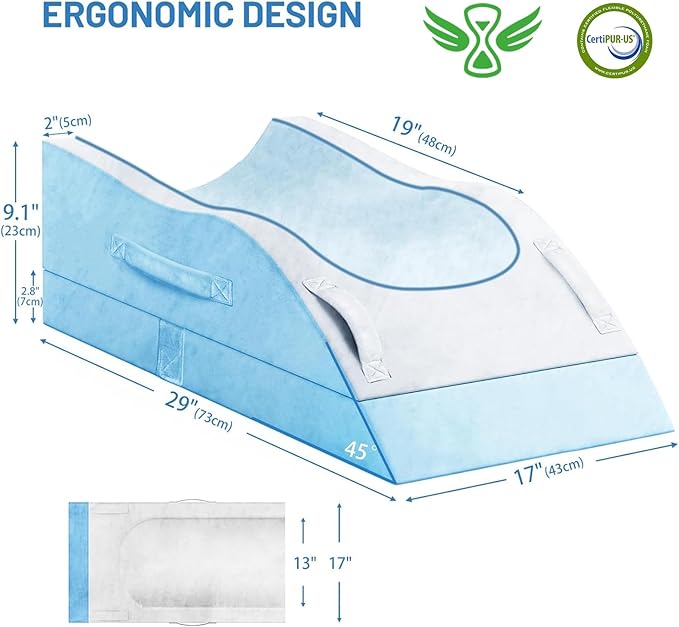 Double Leg Elevation Pillows, Wedge Pillow for After Surgery, Memory Foam Support Adjustable, Comfort Care for Back Knee Hip Ankles Pain, Knee Pillow for Sleeping Blood Circulation Light Blue & White