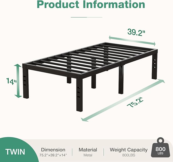 Novilla Twin Bed Frame, 14 Inch Metal Platform Bed Frame Twin Size with Storage Space Under Bed, Heavy Duty Steel Slat Support, Easy Assembly, No Box Spring Needed