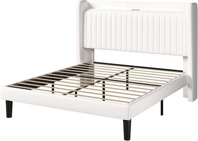 Allewie Queen Size Platform Bed Frame with USB Charging Station and Storage Shelf/Upholstered Velvet Wingback Headboard/Wooden Slats Support/No Box Spring Needed/Easy Assembly, White