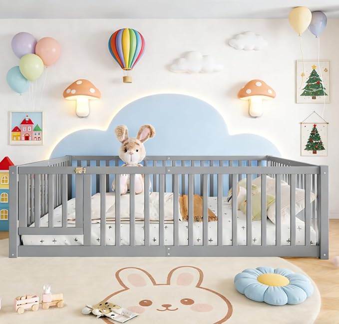 Bellemave Queen Size Montessori Floor Bed with 23.5" High Rails, Pine,Plywood Floor Bed with Small Door, Gray