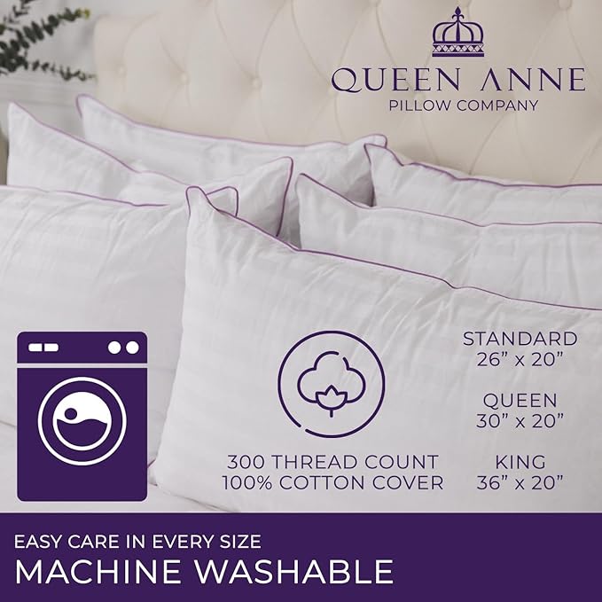 Queen Anne Hotel Pillows Queen Size Bed Pillows for Sleeping, Set of 2 – Adjustable Luxury Down Alternative for Side & Back Sleepers, Firm Support, Cooling, Hypoallergenic, Made in USA