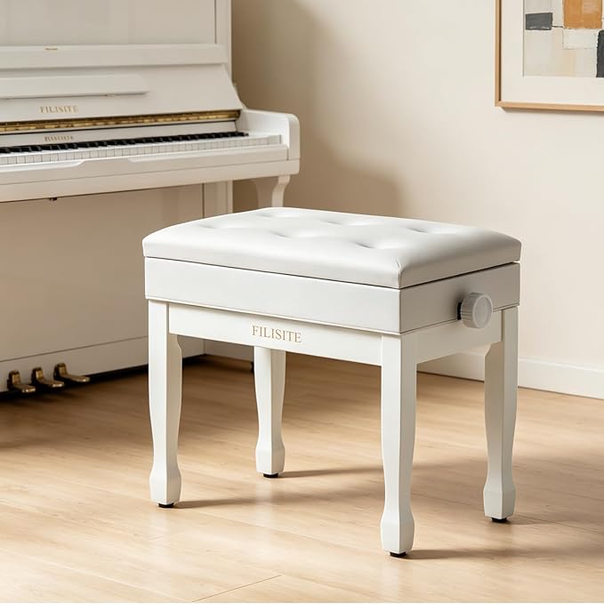 Adjustable Height Piano Bench Stool PU Leather Cushion Wooden Keyboard Seat with Music Storage (White)