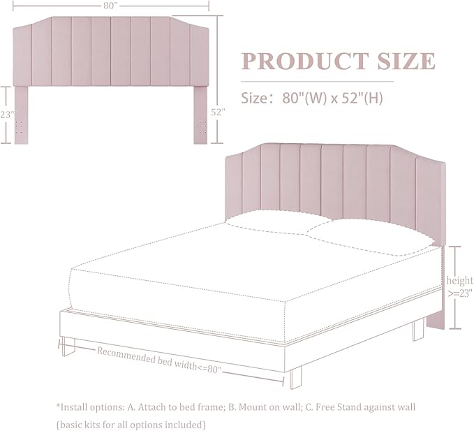 Furpopup King Size Headboard Only, Velvet Upholstered Headboard King/California King Size Wall Mount and Bed Frame Mount, Featuring High-Density Sponge Padding Easy Assembly Comfort Style-Pink