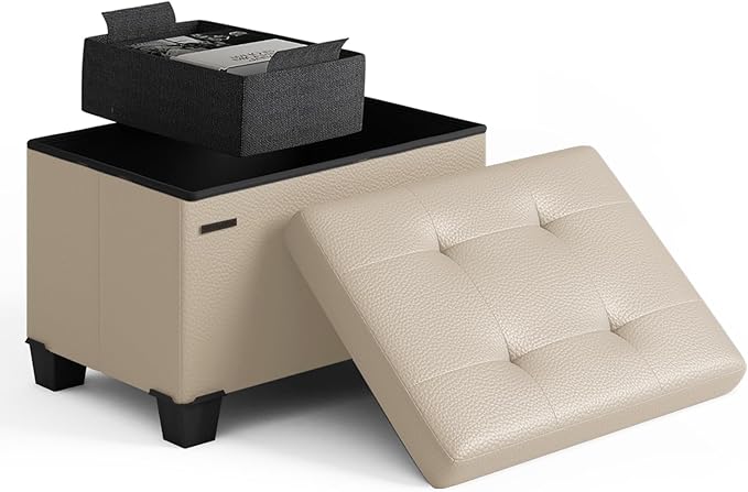 Storage Ottoman Cube with Small Bin, 16-in Square Ottoman with Storage for Living Room and Bedroom, Small Ottomans Foot Rest, Leather Foot Stools Ottomans Max 330lbs, Beige