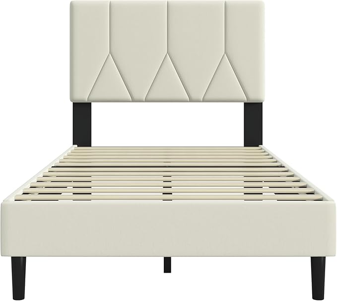 Twin Bed Frame, Padded Platform Bed Frame with Velvet Headboard, Vertical Quilted Design, Sturdy Slatted Mattress Base, No Spring Mattress Required, Easy to Assemble, Beige