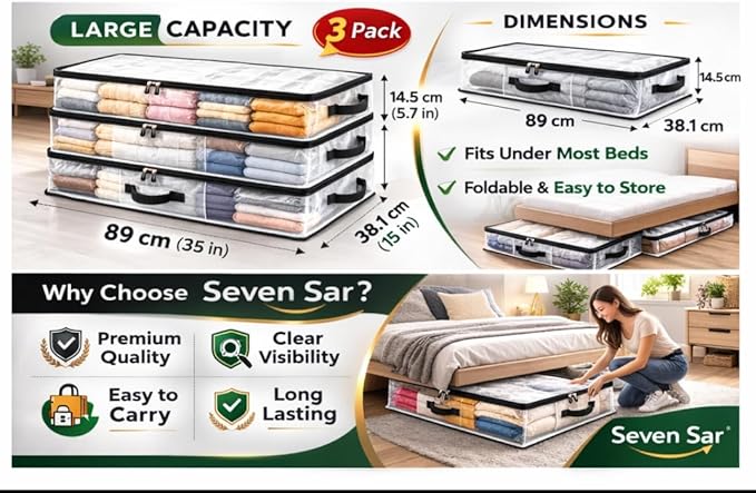 Clear PVC Under Bed Storage Bags for Clothes – Waterproof Zippered Blanket & Comforter Organizer, Foldable Space-Saving Storage (3 Pack, 49L)